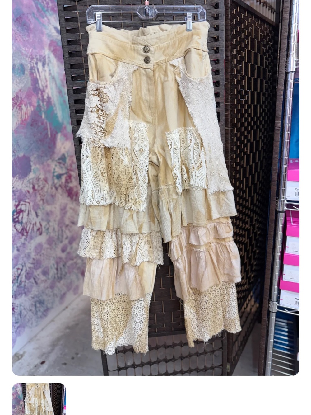 Rare Bird Handmade Cream Lace Pants, tea stained - Picture 2 of 5